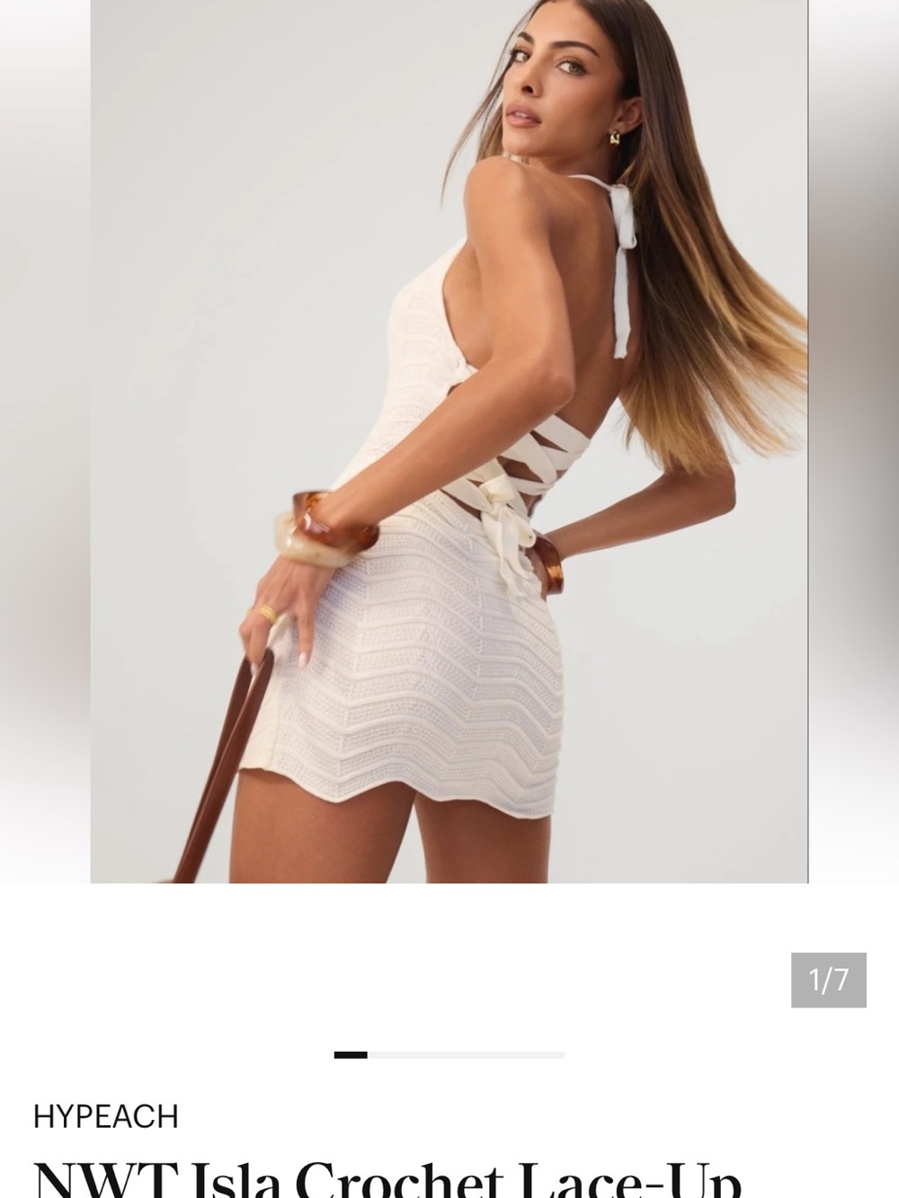 Hypeach Cream Isla Crochet Lace-Up Halter Mini Dress